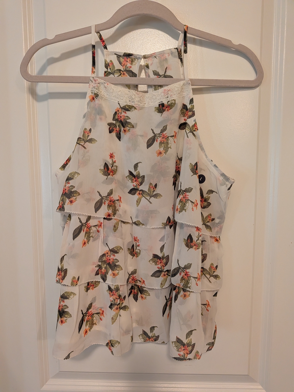 Abercrombie & Fitch White Lace-Trim Floral Halter Tank with Green & Coral Print
